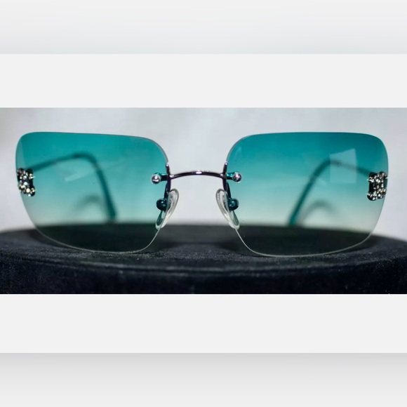💯Auth Chanel 4017-D Swarovski Crystal Double C Sunglasses in TEAL! SUPER RARE!! - Picture 3 of 16